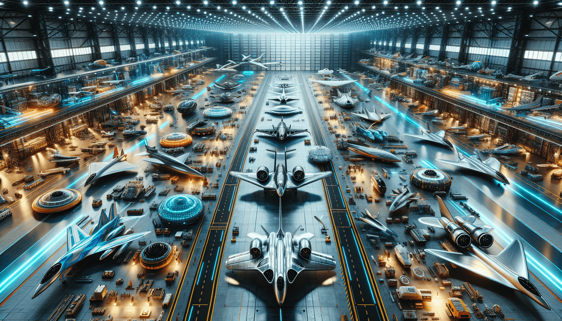 Futuristic hangar with aircrafts